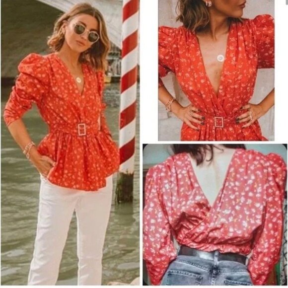 Zara Pretty Pink Flower Blouse with Oversized Sleeves and Belt Size Small - Picture 1 of 3